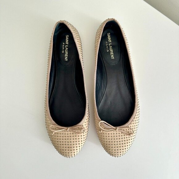 SAINT LAURENT Nude Leather Silver Studded Bow Ballet Flats Size 38 - Picture 1 of 9